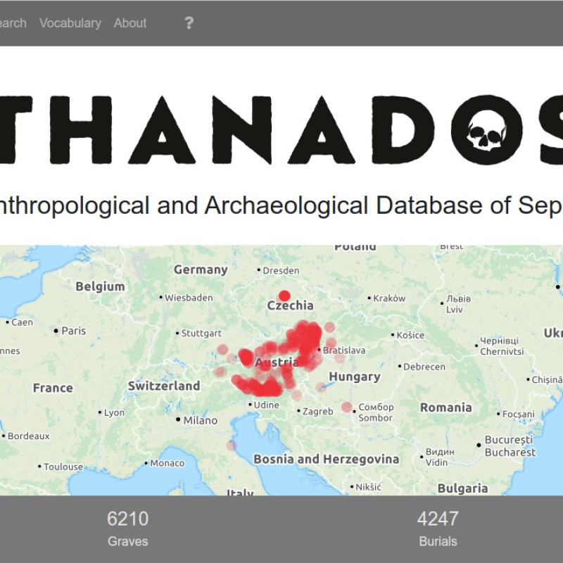 Screenshot of the THANADOS website showing a map of Central Europe with red highlights over regions in Czechia,
                                 Austria, Switzerland, and Hungary. At the top, 'THANADOS The Anthropological and Archaeological Database of Sepultures' is
                                 displayed. The lower bar shows numbers for cemeteries, graves, burials, and finds. (AI-generated alt-text, generated with
                                 GPT-4.1-mini)