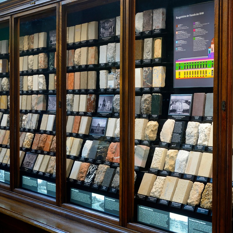 Display case with multiple rows of rock and mineral samples, accompanied by explanatory panels and information cards.
                                 (AI-generated alt-text, generated with GPT-4.1-mini)