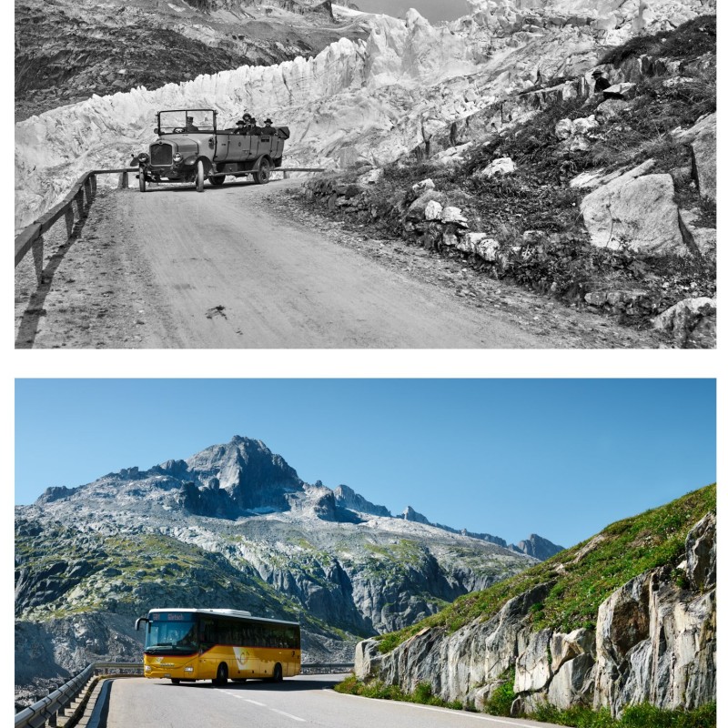 Oben: Alter offener Bus auf Bergstraße vor Gletscher und Felsen. Unten: Moderner gelber Reisebus auf Bergstraße mit Felsen
                                 und Berg im Hintergrund.