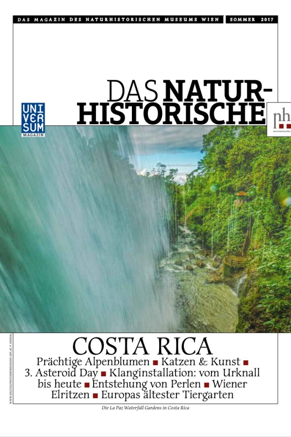 Titelseite
                                 des Magazins mit großem Farbfoto eines Wasserfalls im grünen Dschungel, oben Titel und Text über das Naturhistorische Museum
                                 Wien sowie Ausgabe Sommer 2017. (KI-generierter Alt-Text, erstellt mit GPT-4.1-mini)
