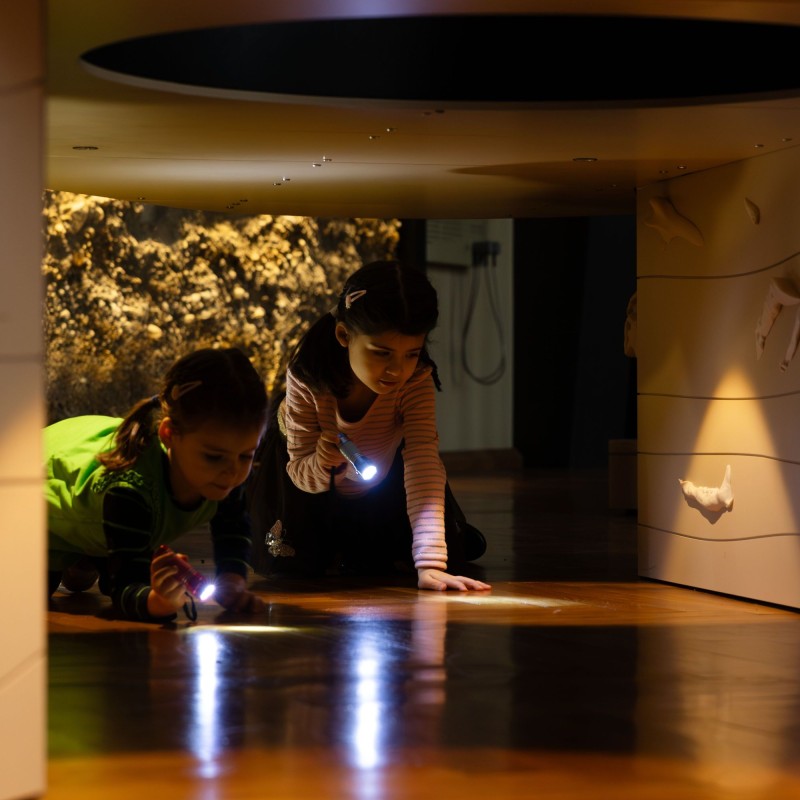 Zwei Mädchen im Kindereiszeitsaal des Naturhistorischen Museums Wien