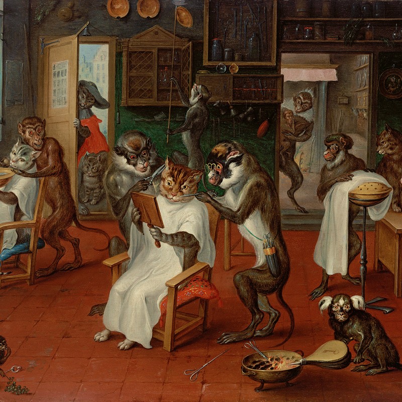 Several
                                 monkeys groom and shave different cats seated on chairs in a barbershop. Other monkeys and cats stand in the room, some with
                                 instruments, others watching the scene. (AI-generated alt-text, generated with GPT-4.1-mini)