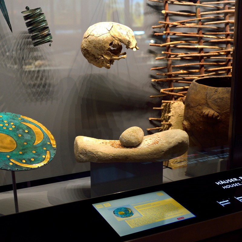 Vitrine
                                 mit bronzezeitlichen Objekten, darunter eine runde Scheibe mit grün-blauer Oberfläche und goldenen Symbolen, Schädel, Steinblock
                                 mit Kugel und Keramikgefäß. Informative Texttafel mit digitalem Display im Vordergrund. (KI-generierter Alt-Text, erstellt
                                 mit GPT-4.1-mini)