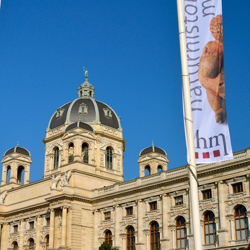 Historic museum facade with gilded dome, two flags in front showing museum logo and Venus of Willendorf. (AI-generated
                                 alt-text, generated with GPT-4.1-mini)