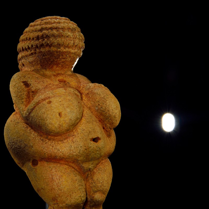 Venus of Willendorf figurine with emphasized body features, viewed from behind at an angle against a dark background.
                                 (AI-generated alt-text, generated with GPT-4.1-mini)