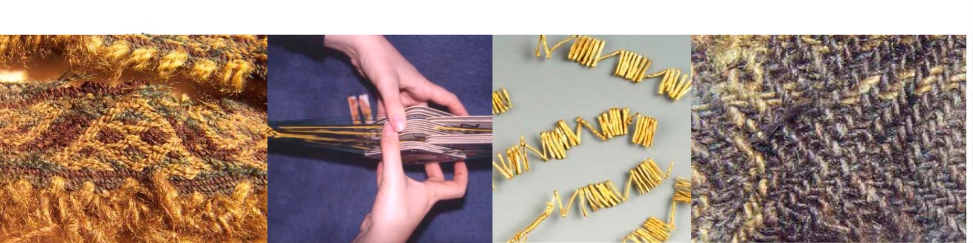 : Collage mit rekonstruierter Frauenfigur in prähistorischer Kleidung, Nahaufnahmen gewebter Stoffe, Händen an einem Webstuhl, goldenen Spiralobjekten und Kleidungsrepliken. (KI-generierter Alt-Text, erstellt mit GPT-4.1-mini)