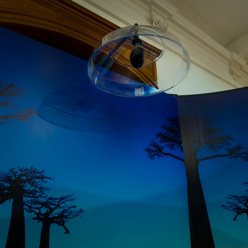 Large
                                 projection surface with silhouettes of baobab trees in front of a blue background, above it a transparent dome attached to
                                 the ceiling. (AI-generated alt-text, generated with GPT-4.1-mini)