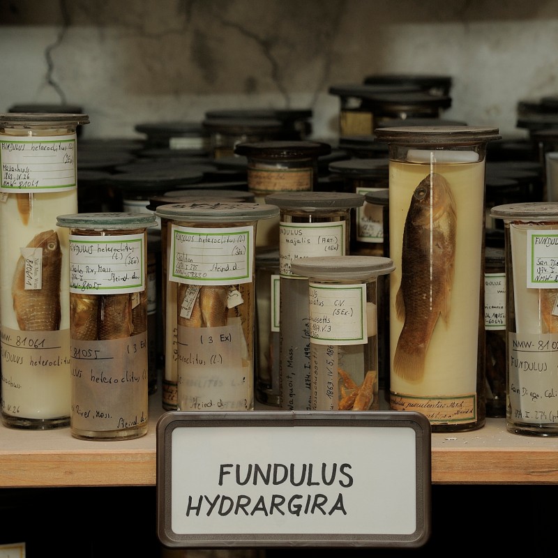 Reihe von Glasgefäßen mit konservierten Fischen und handbeschrifteten Etiketten, im Vordergrund ein Schild mit 'FUNDULUS
                                 HYDRARGIRA'. (KI-generierter Alt-Text, erstellt mit GPT-4.1-mini)