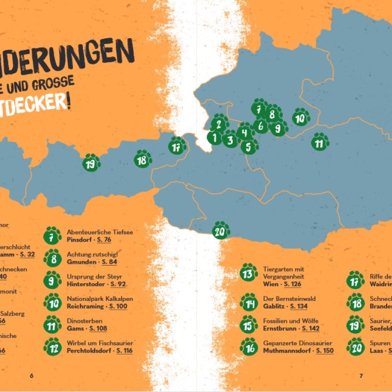 Landkarte
                                 von Österreich mit nummerierten grünen Markierungen an Wanderorten und zugehöriger Legende auf orangefarbenem Hintergrund
                                 (KI-generierter Alt-Text, erstellt mit GPT-4.1-mini)