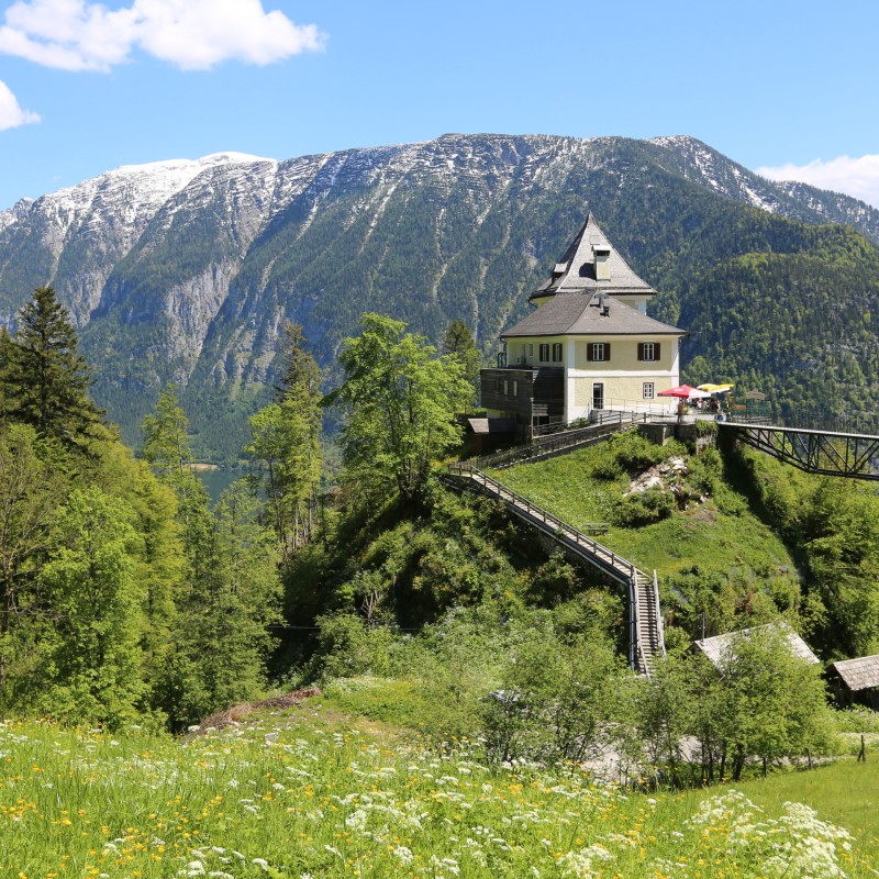 Haus mit spitzem Dach auf einem bewaldeten Hügel, umgeben von Bergen, mit Geländer und Brücke; vorne blühende Wiese.
                                 (KI-generierter Alt-Text, erstellt mit GPT-4.1-mini)