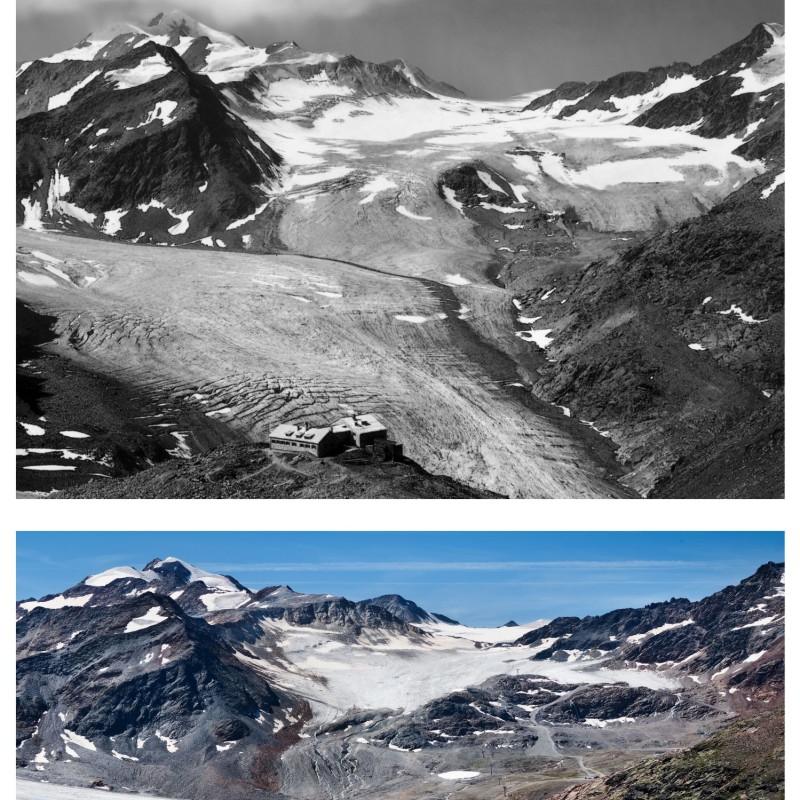 Two photos of the Mittelbergferner in the Pitztal, Tyrol. The black-and-white
                                 photo shows a lot of ice, while the color photo shows significantly less ice, thus illustrating the glacier's retreat.