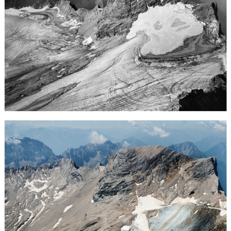 Two photos of Zugspitze showing Schneeferner glacier, top black-and-white
                                 with more ice, bottom color with less ice and rocks.