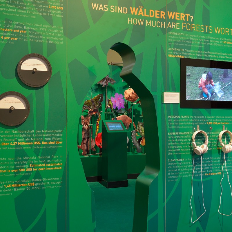 Grüne Ausstellungswand mit gelber Überschrift, Texten und Messgeräten, Bildschirm mit Video, Wandöffnung und Kopfhörern.
                                 (KI-generierter Alt-Text, erstellt mit GPT-4.1-mini)