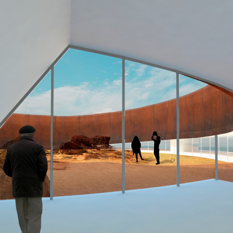 Room with large glass windows, several people outside near a curved rust-brown metal structure on sandy ground.
                                 (AI-generated alt-text, generated with GPT-4.1-mini)