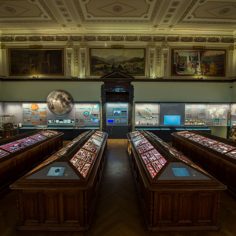 Mineral exhibition in an ornate hall with multiple illuminated display cases, large wall paintings, and a representation
                                 of the Martian surface at the back. (AI-generated alt-text, generated with GPT-4.1-mini)