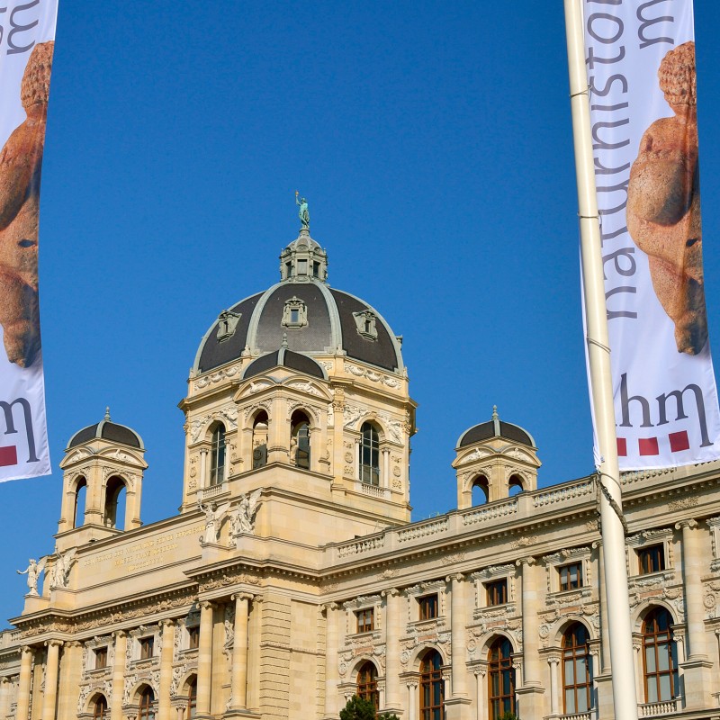 Gebäude des Naturhistorischen Museums Wien mit zwei Fahnen im Vordergrund und blauem Himmel im Hintergrund (KI-generierter
                                 Alt-Text, erstellt mit GPT-4.1-mini)
