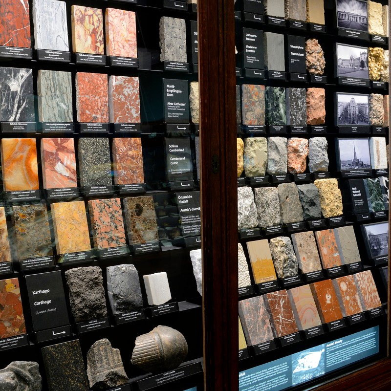 Display case with multiple rock and mineral samples in rectangular slabs and panels, some with patterns or structure,
                                 each with a label. (AI-generated alt-text, generated with GPT-4.1-mini)