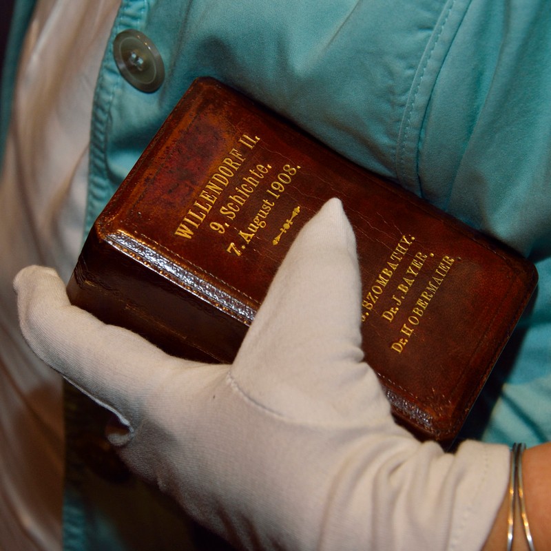 Person in light clothing holds a small brown leather-bound book with a white-gloved hand. Gold embossing on the
                                 cover. (AI-generated alt-text, generated with GPT-4.1-mini)