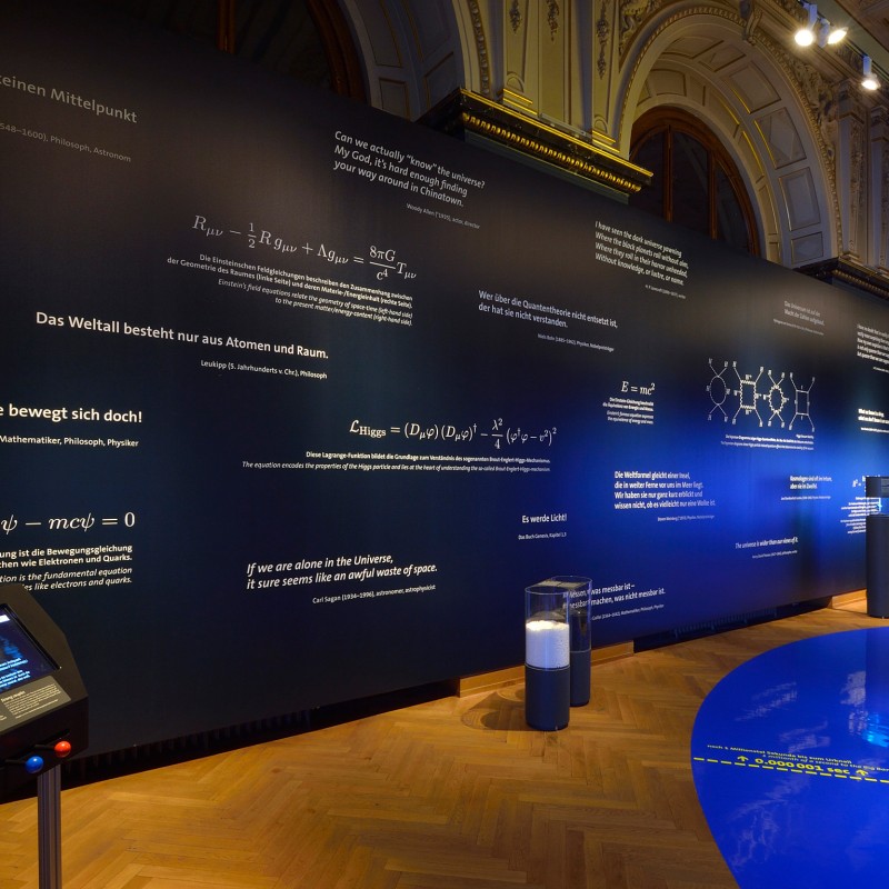 Dunkle
                                 Museumswand mit physikalischen Formeln, Zitaten und erläuternden Texten, beleuchtet in einem historischen Raum mit Holzparkett
                                 und Rundbogenfenstern. (KI-generierter Alt-Text, erstellt mit GPT-4.1-mini)