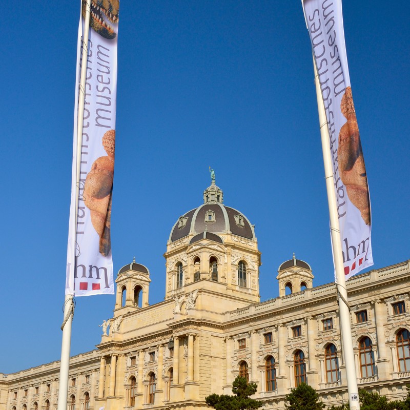 Fassade des Naturhistorischen Museums Wien, zwei Fahnen mit Museumsschriftzug im Vordergrund, blauer Himmel. (KI-generierter
                                 Alt-Text, erstellt mit GPT-4.1-mini)
