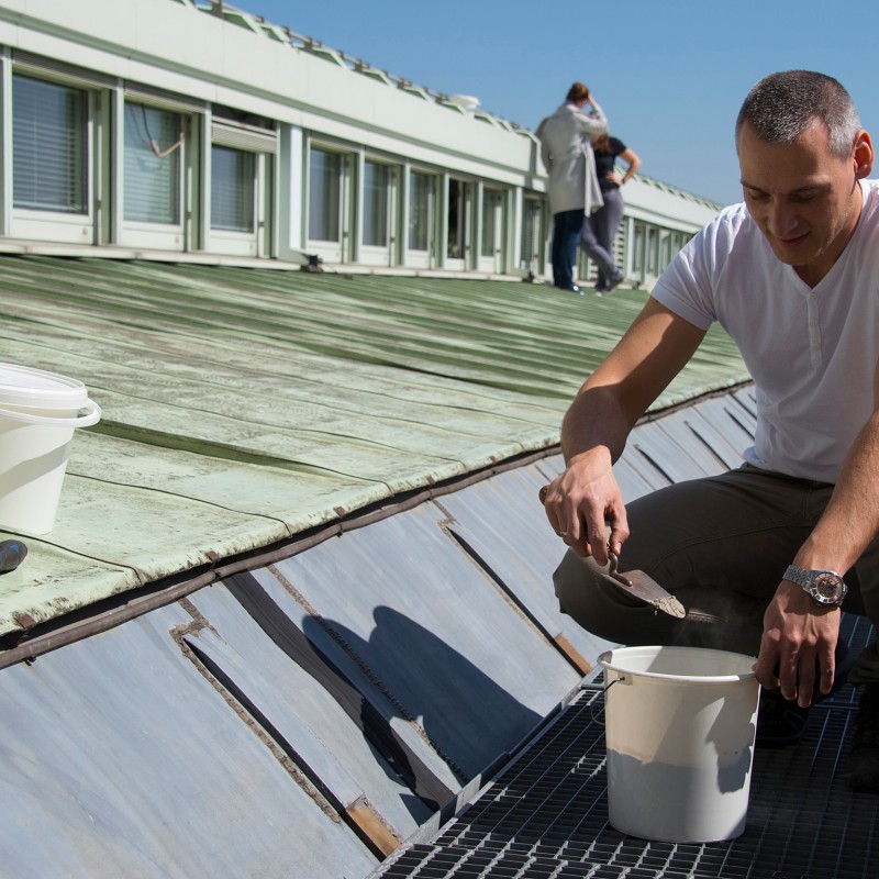 Man in white T-shirt kneels next to a bucket, holding a trowel on a rooftop, another person in the background. (AI-generated
                                 alt-text, generated with GPT-4.1-mini)