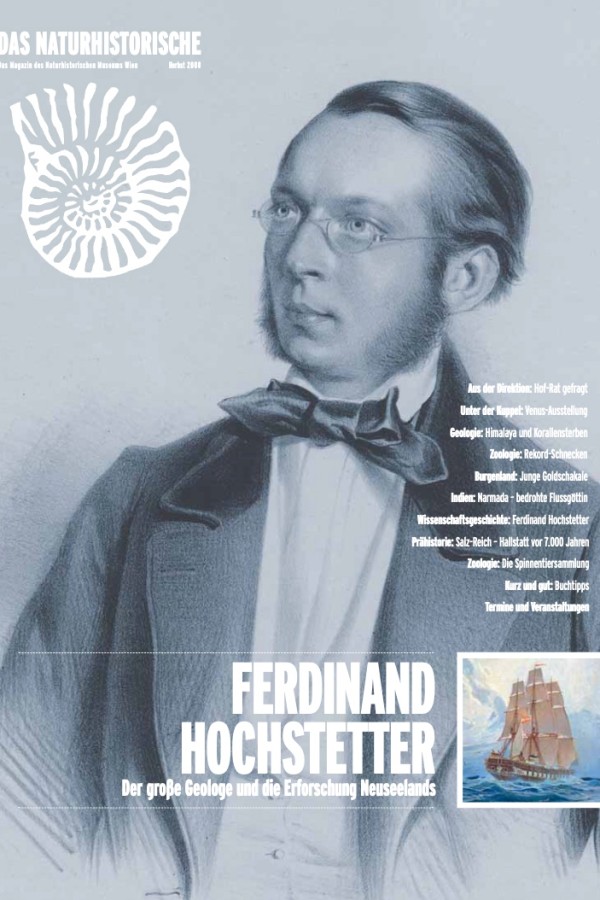 Porträt
                                 von Ferdinand Hochstetter im Anzug mit Brille vor grauem Hintergrund, rechts unten ein historisches Segelschiff. Deutlich
                                 lesbarer Titel: 'FERDINAND HOCHSTETTER Der große Geologe und die Erforschung Neuseelands'. (KI-generierter Alt-Text, erstellt
                                 mit GPT-4.1-mini)