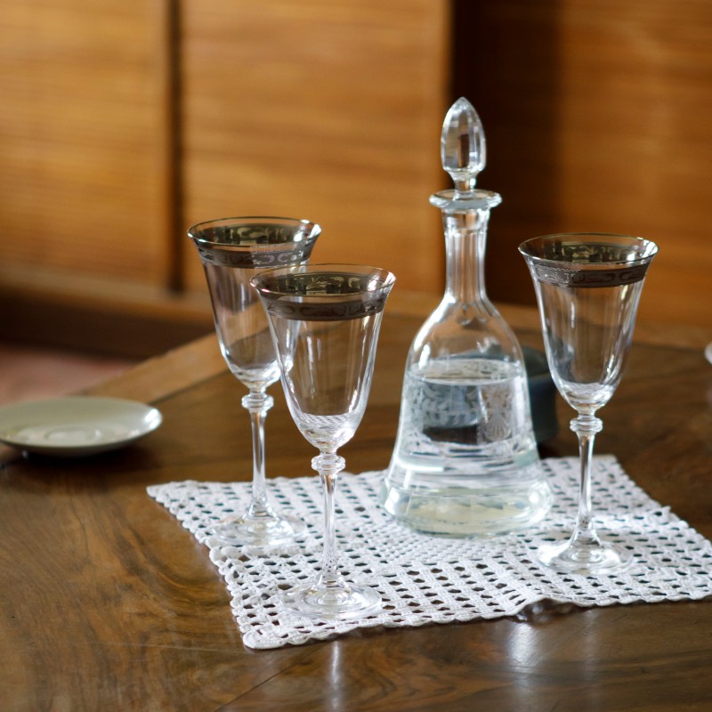 Water carafe and three empty wine
                                 glasses on a crocheted doily on a wooden table. (AI-generated alt-text, generated with GPT-4.1-mini)