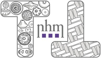 : Two large stylized letters; the T is filled with prehistoric jewelry pieces, the L with a braided pattern. In the center, 'nhm' is above three purple squares. (AI-generated alt-text, generated with GPT-4.1-mini)