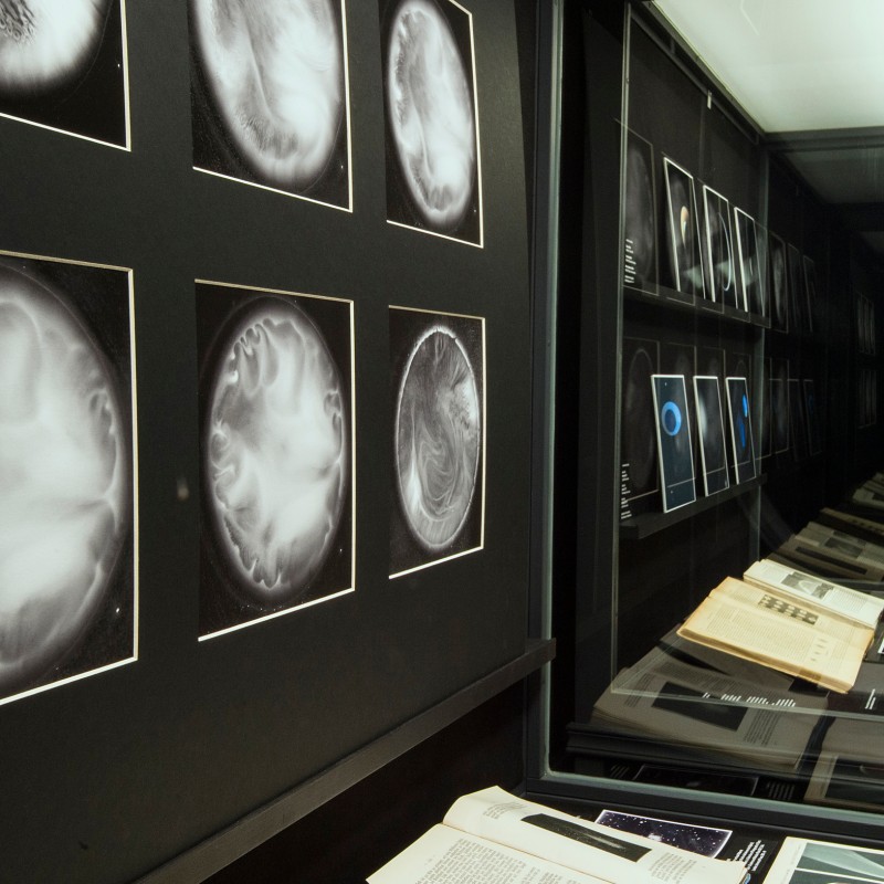 Black-and-white close-ups of round structures on a wall, with books and more photographs behind glass nearby. (AI-generated
                                 alt-text, generated with GPT-4.1-mini)