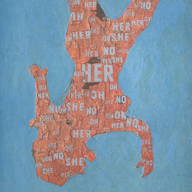 Collage of a stylized upside-down figure against a blue background; the figure is made from red cutouts with repeated
                                 white English words 'HER', 'OH', 'NO', 'YES', 'SHE', some fragmented. (AI-generated alt-text, generated with GPT-4.1-mini)