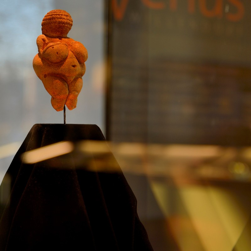 Venus of Willendorf, prehistoric female figurine with exaggerated features, displayed on a pedestal against a blurred
                                 background. (AI-generated alt-text, generated with GPT-4.1-mini)