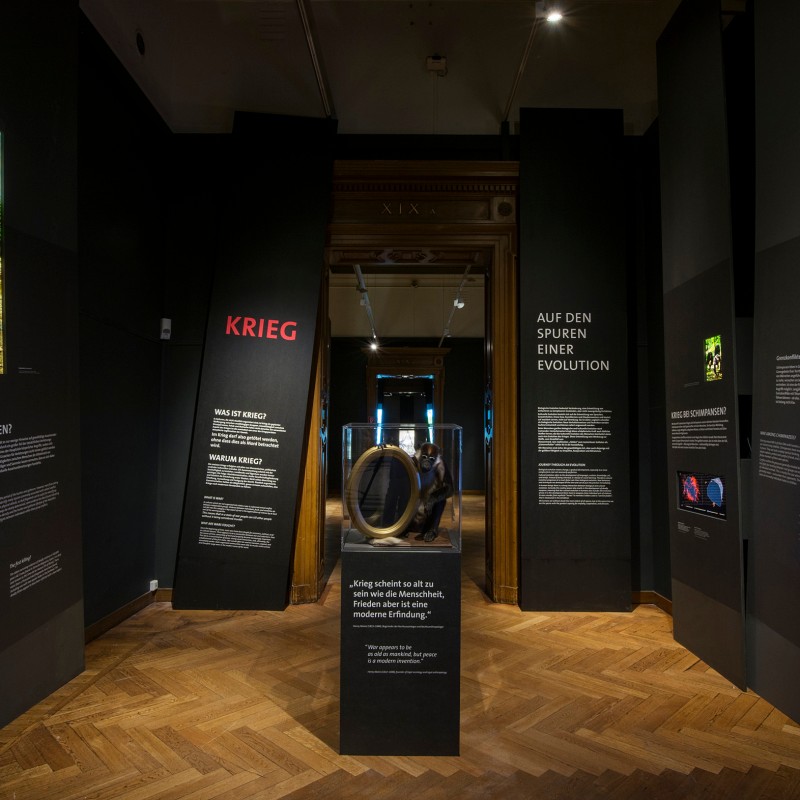 View into an exhibition room with black walls, information panels,
                                 photos, and a large ring-shaped object at the center. (AI-generated alt-text, generated with GPT-4.1-mini)