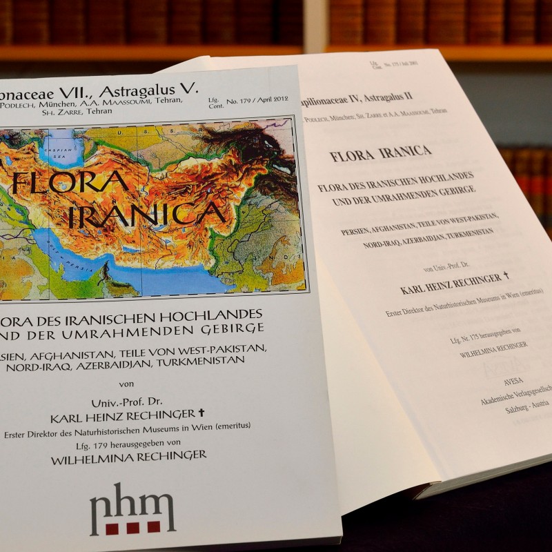 Book cover and open page of 'Flora Iranica' showing a map, text,
                                 and the Natural History Museum Vienna logo. (AI-generated alt-text, generated with GPT-4.1-mini)
