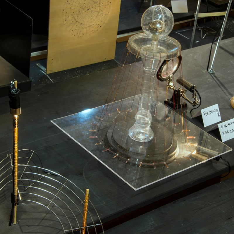 Glass sphere with multiple vertically mounted metal rods; thin glowing lines extend to a plastic plate. Various
                                 historical instruments with labels are positioned to the right. (AI-generated alt-text, generated with GPT-4.1-mini)