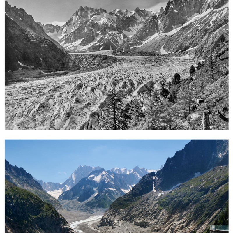 Top: Black-and-white landscape of Mer de Glace glacier surrounded
                                 by mountains. Bottom: Color photo showing the heavily retreated Mer de Glace glacier with rocky terrain and mountain backdrop.
