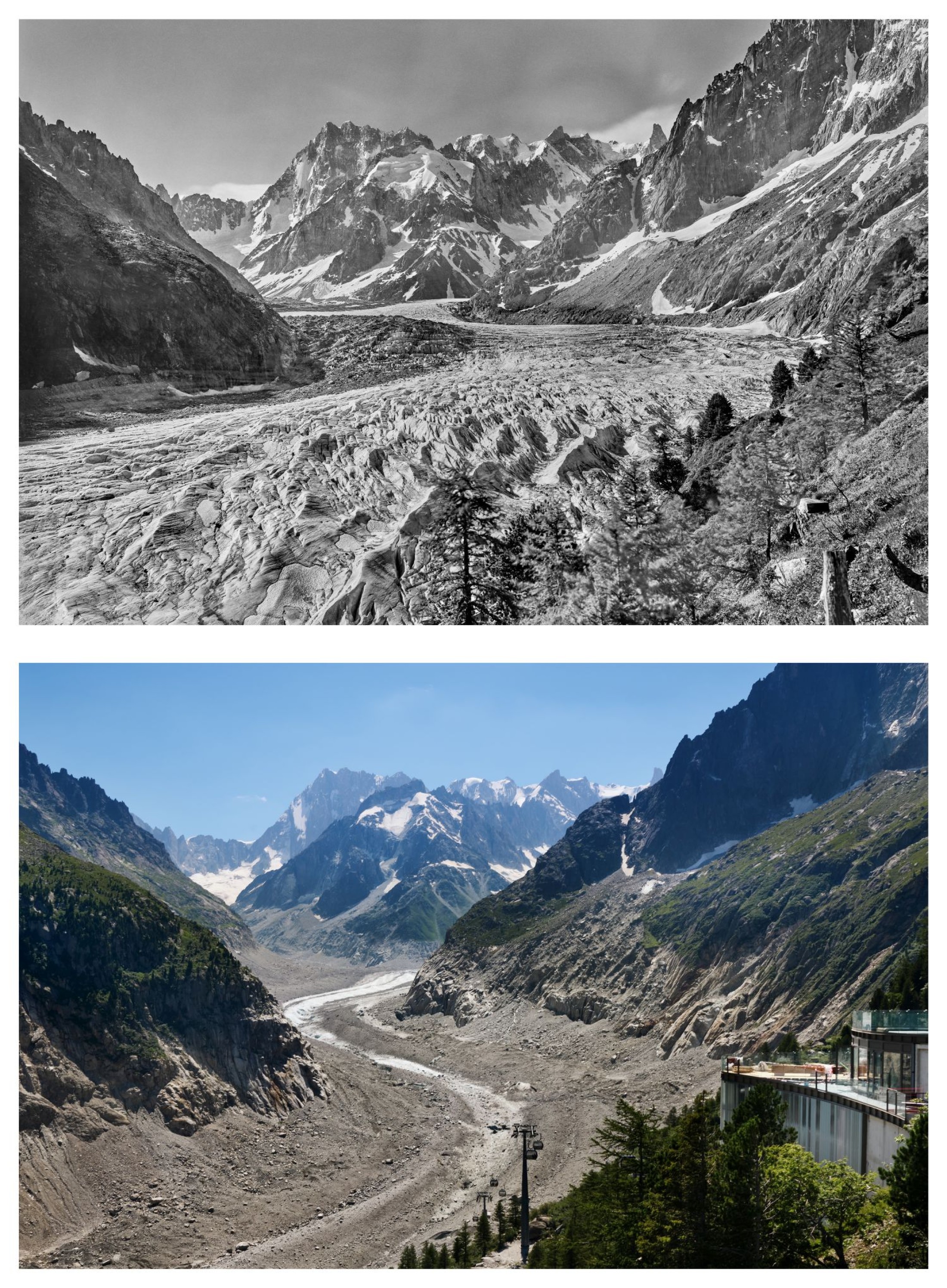 Oben: Schwarz-weiße Landschaftsaufnahme des Gletschers Mer de Glace mit umliegenden
                                 Bergen. Unten: Farbfoto des stark zurückgegangenen Mer-de-Glace-Gletschers mit Felsen und Bergpanorama.
