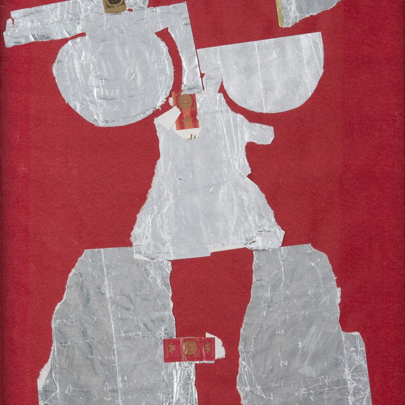 Collage of silver foil pieces forming a stylized human figure on red background, with two postage stamps incorporated.
                                 (AI-generated alt-text, generated with GPT-4.1-mini)