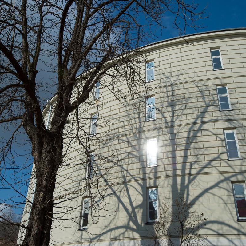 Light round building with narrow windows, leafless tree in front, its shadow cast onto the facade. (AI-generated
                                 alt-text, generated with GPT-4.1-mini)