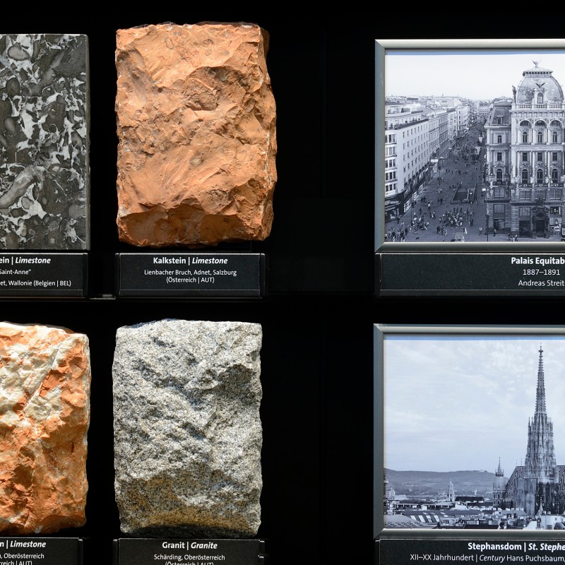 Section of an exhibition wall showing multiple rock specimens and two black-and-white city views, including Palais
                                 Equitable and St. Stephen's Cathedral. (AI-generated alt-text, generated with GPT-4.1-mini)