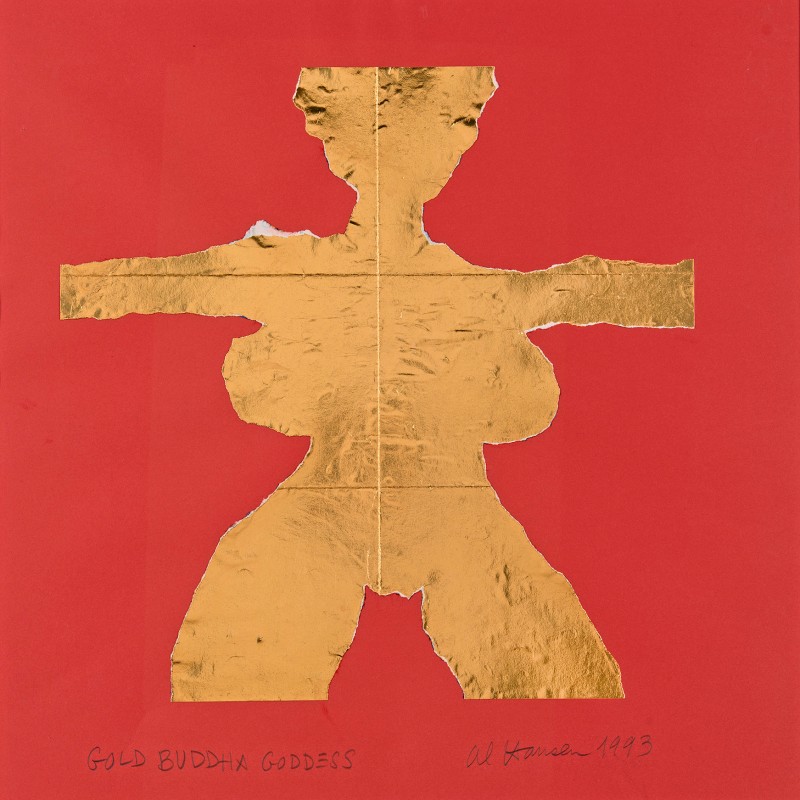 Golden stylized figure with feminine features on a red background, made of gold leaf. Handwritten text at the bottom.
                                 (AI-generated alt-text, generated with GPT-4.1-mini)