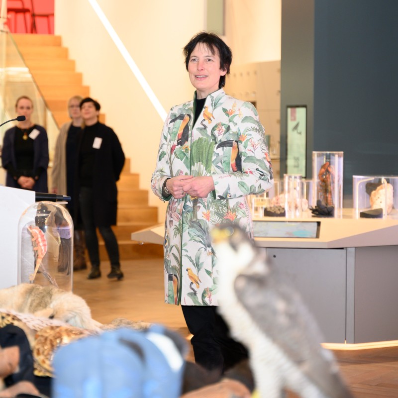 Woman in a light, floral-patterned blazer stands smiling in the exhibition space in front of a table with taxidermy
                                 animals and objects. Three people in the background. (AI-generated alt-text, generated with GPT-4.1-mini)
