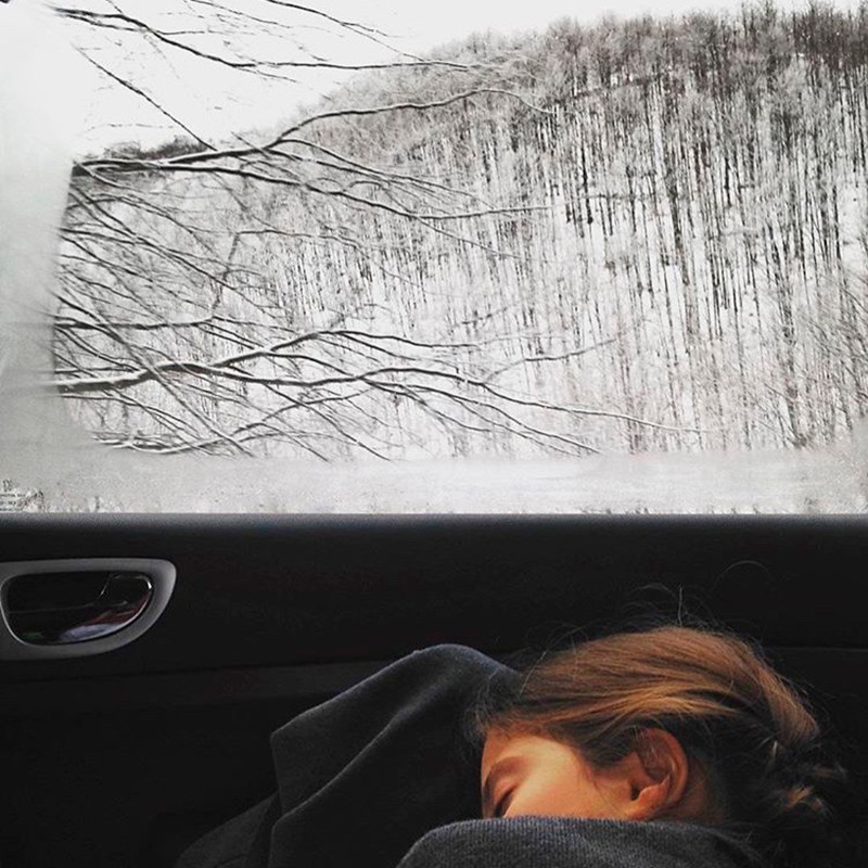 Kind mit geschlossenen Augen lehnt im Autositz am Fenster. Dahinter winterlicher Wald mit kahlen Bäumen. (KI-generierter
                                 Alt-Text, erstellt mit GPT-4.1-mini)