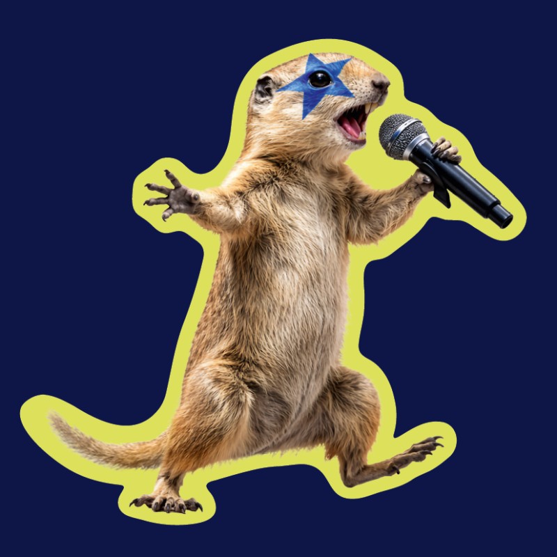 Singendes Ziesel mit Mikrofon und blauem Stern um das rechte Auge herum