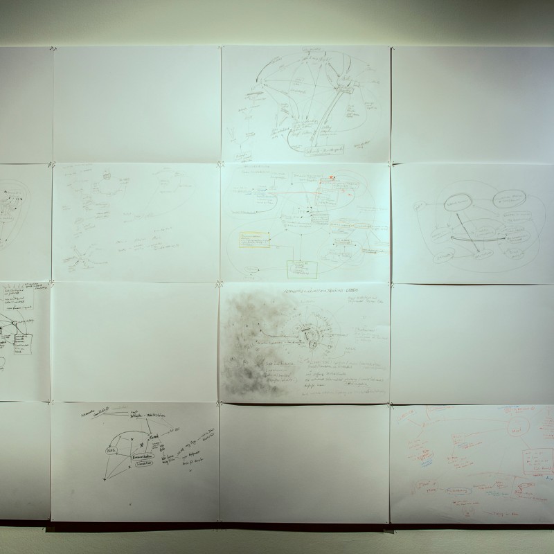 Multiple sheets with hand-drawn sketches and notes on a wall, next to a black panel with short text. (AI-generated
                                 alt-text, generated with GPT-4.1-mini)
