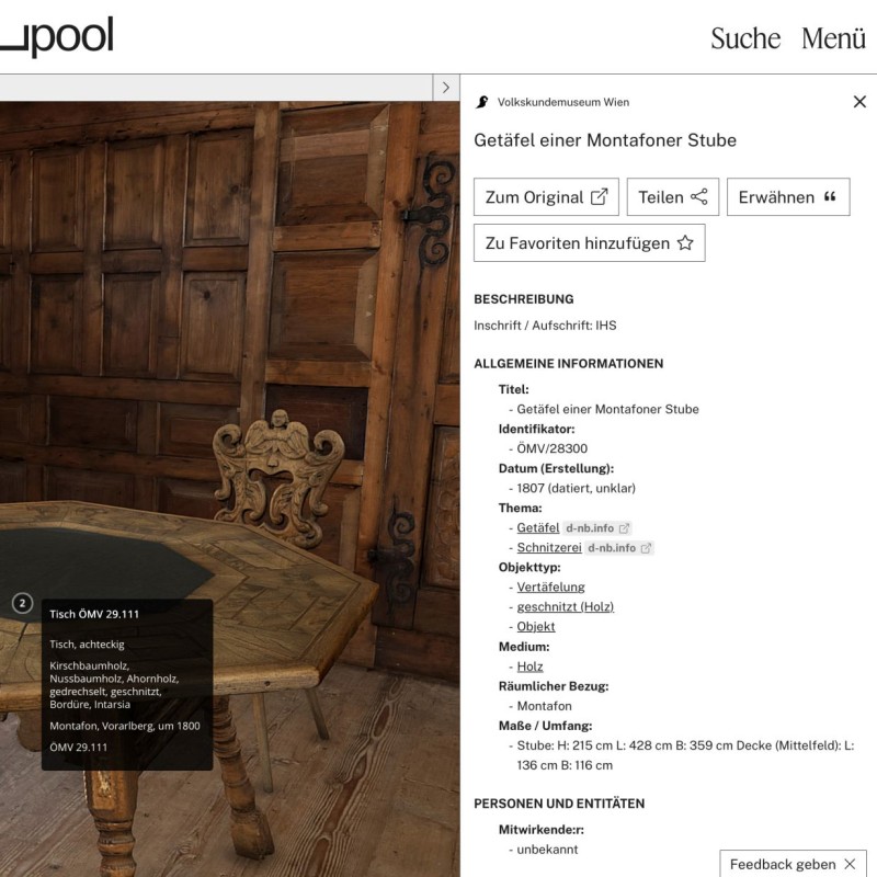 Vollansicht der digitalisierten Montafoner Stube im Kulturpool-Suchportal.