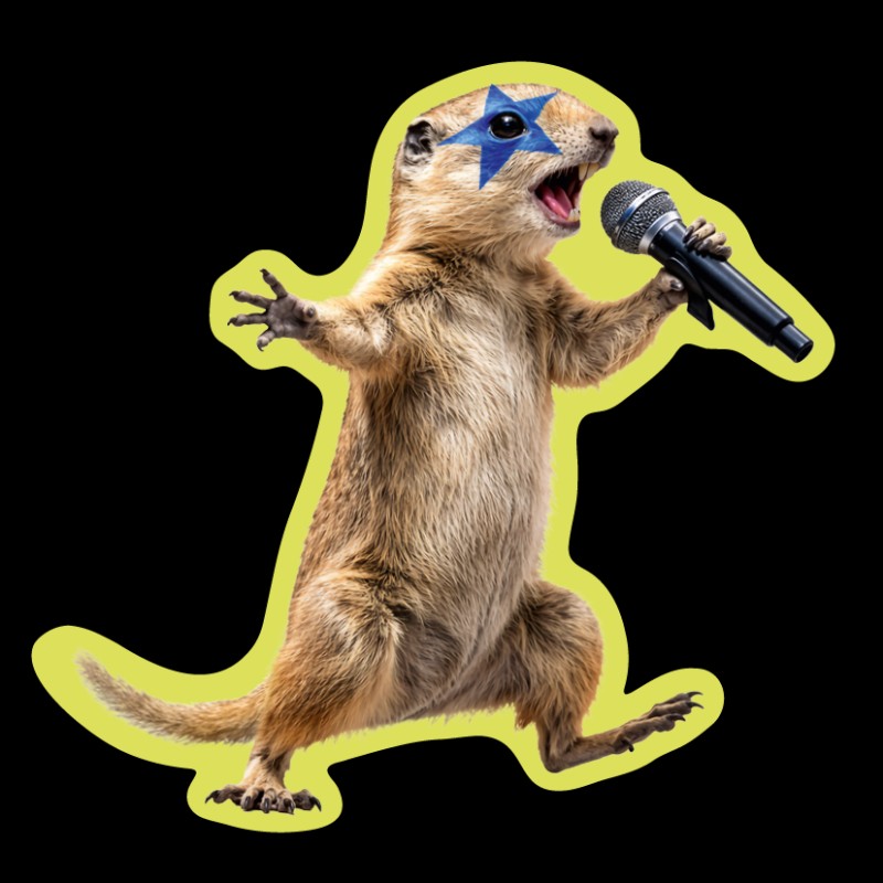 Singendes Ziesel mit Mikrofon und blauem Stern um das rechte Auge herum