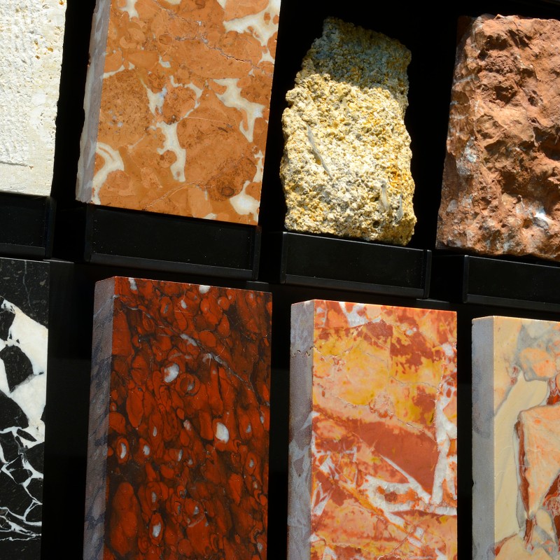 Various natural and polished rock samples arranged side by side in two rows. (AI-generated alt-text, generated with
                                 GPT-4.1-mini)
