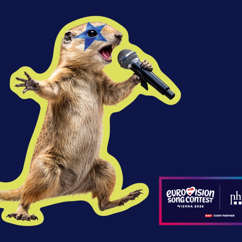 Singendes Ziesel mit Mikrofon und blauem Stern um das rechte Auge herum