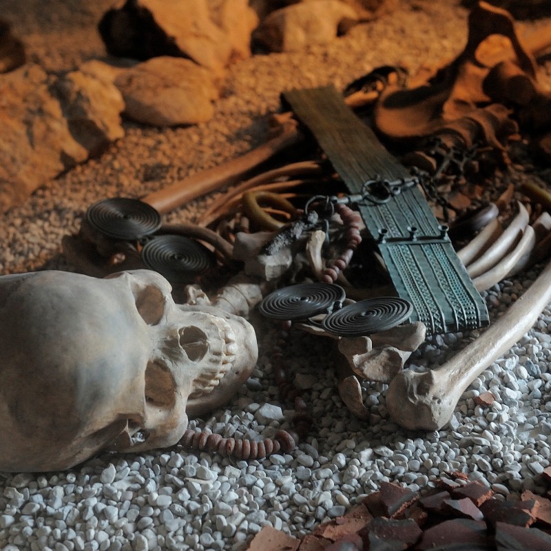 Schädel und Knochen auf hellem Kies, daneben dunkelgrüne Metallplatten mit Spiralmustern und weitere Schmuckstücke.
                                 (KI-generierter Alt-Text, erstellt mit GPT-4.1-mini)