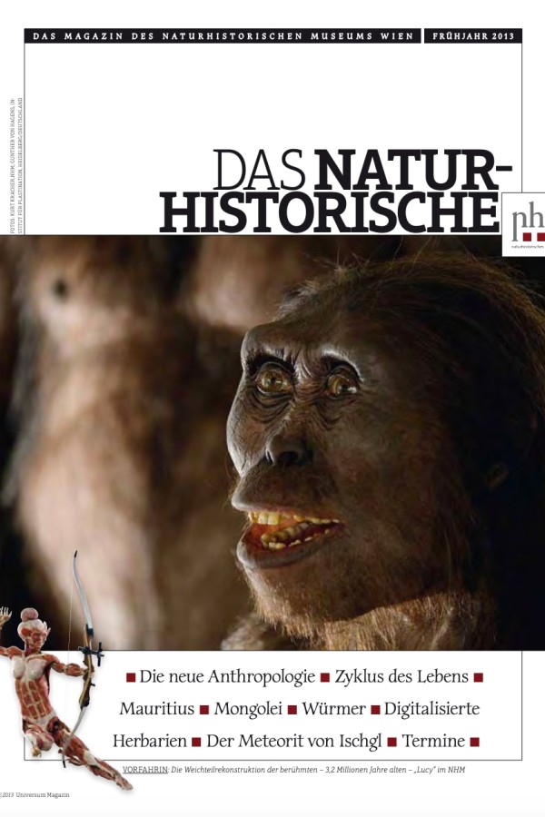 Titelseite
                                 eines Magazins mit dem Titel 'Das Naturhistorische', großem Foto eines Menschenaffen-Schädels mit offenem Mund und sichtbaren
                                 Zähnen. Unten Liste mit Themen wie Anthropologie, Würmer und Meteoriten. (KI-generierter Alt-Text, erstellt mit GPT-4.1-mini)